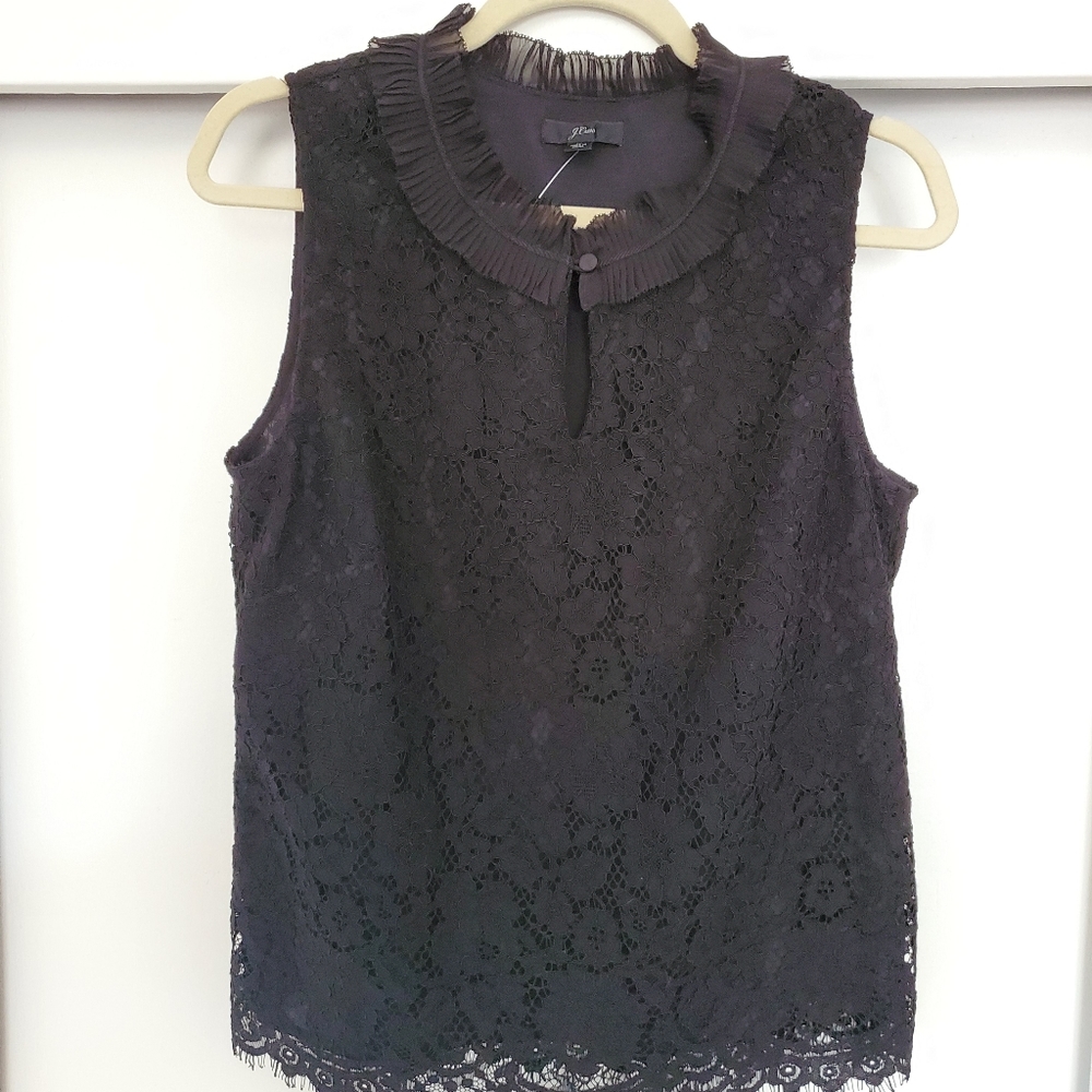 NWT J. Crew Black Lace Ruffle Neck Top Size M